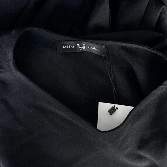 MEEM LABEL Essa Dress Women’s XL Black Crepe Draped Puff Sleeves Boat-neck Midi - Picture 6 of 6